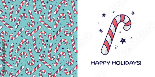 Hand drawn Christmas candy cane in doodle style for designing baby clothes. Postcard with candy cane, lettering and seamless pattern. Vector illustration.