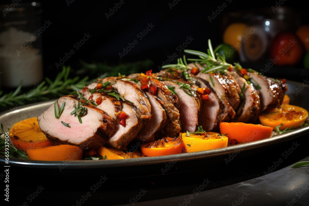 Pork tenderloin with apricots and rosemary on the plate close up Pork tenderloin with apricots and rosemary on the plate close up
