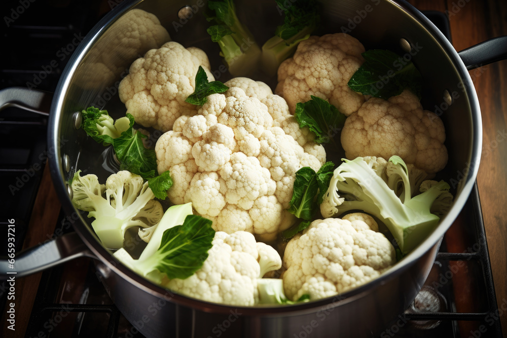 Cauliflower cooking in the pot on the stove Cauliflower cooking in the pot on the stove