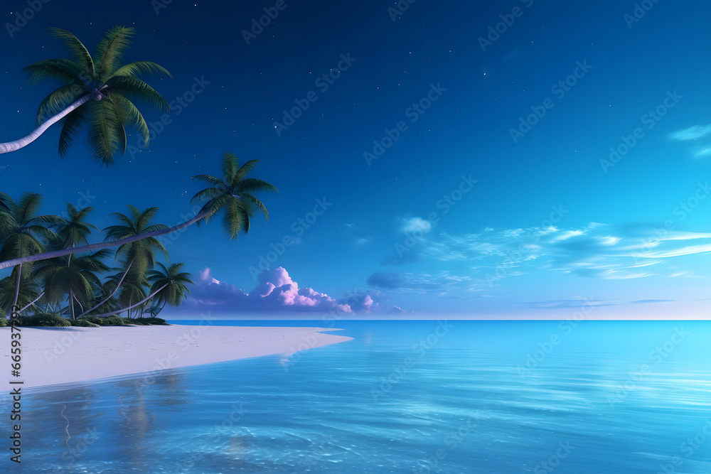 tropical beach view with white sand, turquoise water and palm tree. Neural network generated image. Not based on any actual scene or pattern.