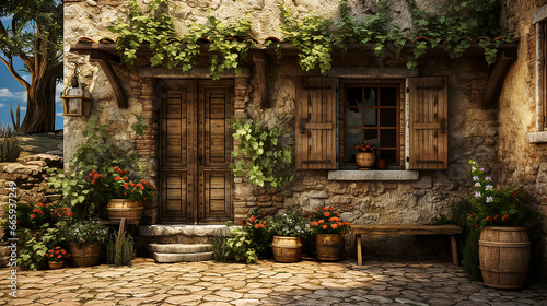 Old ancient wooden door and window with shutters on facade of old Italian house. Scenic original and colorful view of antique window with flower pots in old city. Atmosphere of tranquility. Copy space © Marina_Nov