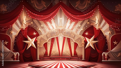 This image features an abstract representation of red curtains, evoking the ambiance of the Moulin Rouge. It also includes a circus stage with red and white stripes
