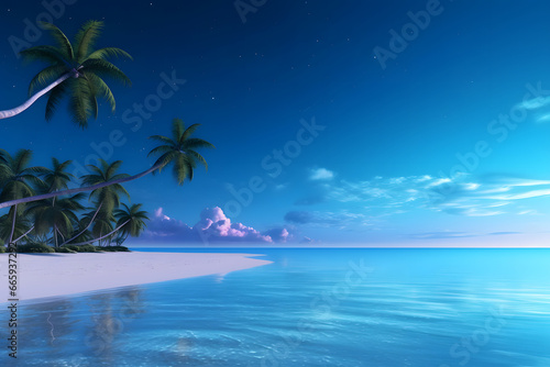 tropical beach view with white sand  turquoise water and palm tree. Neural network generated image. Not based on any actual scene or pattern.