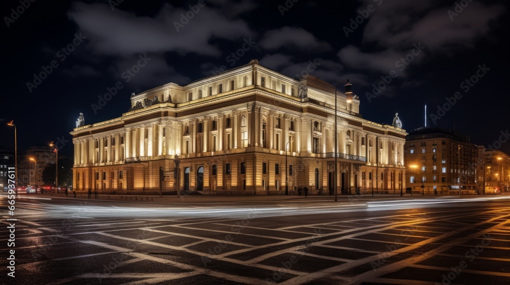 This is a nighttime shot of the Warsaw Grand Theatre, also known as Teatr Narodowy