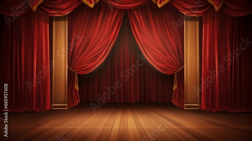 This is a stock vector illustration of a theatrical stage with vibrant red curtains and a wooden floor. It represents a classic and timeless theater setting