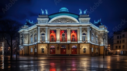 This is a nighttime shot of the Warsaw Grand Theatre, also known as Teatr Narodowy photo