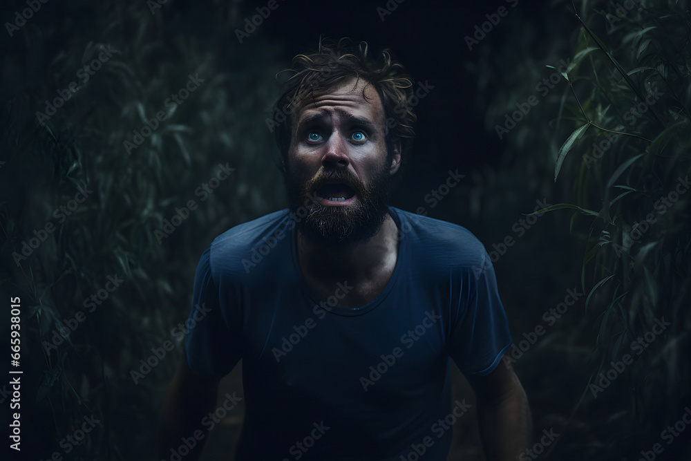 Fototapeta premium scared Caucasian young adult man lost in bushes at summer night. Neural network generated image. Not based on any actual person or scene.