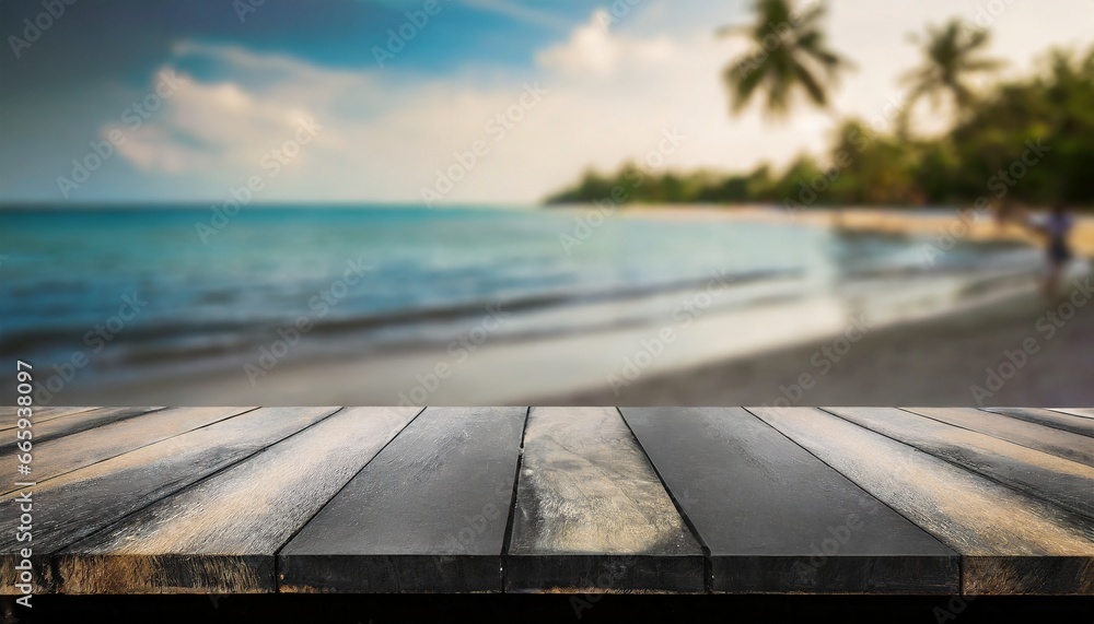 Fototapeta premium wooden pier on the sea, Sun, Sand, and Display: Wooden Table with Beach Beauty