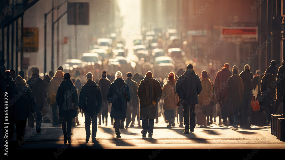 Unknown Unidentified Crowd Walking Down City Streets 