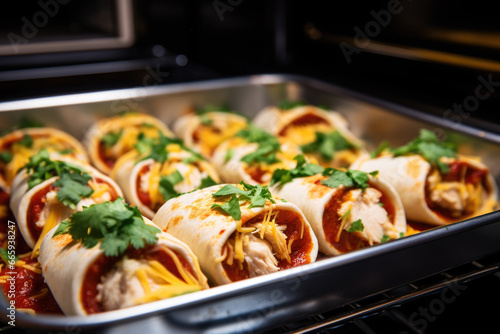 Mexican turkey rolls baking in the oven close up