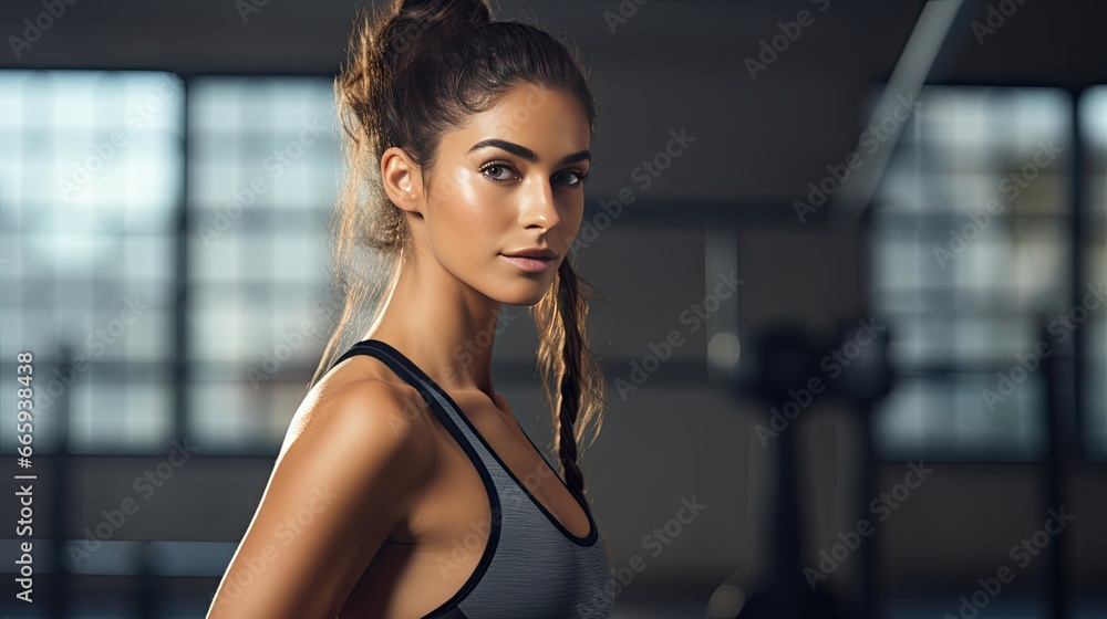  a woman with a ponytail standing in a gym setting with a dumbbell.  generative ai