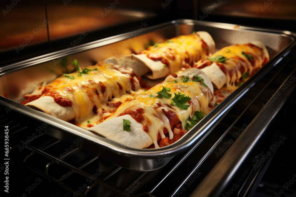 Mexican smothered burritos baking in the oven close up