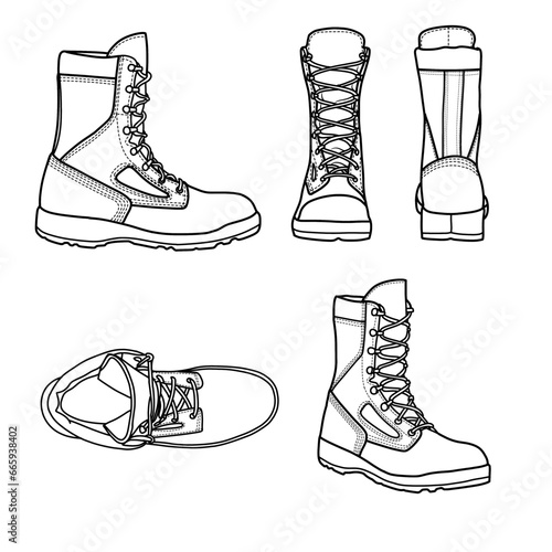 Template vector Tactical Boots hand drawn, vector sketch illustration, side, front, rear and bottom view,suitable for your custom army leather boots design, isolated on white background