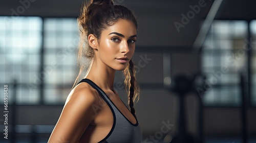  a woman with a ponytail standing in a gym setting with a dumbbell. generative ai