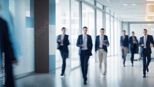 Blurred motion image of businessmen in the office walking 