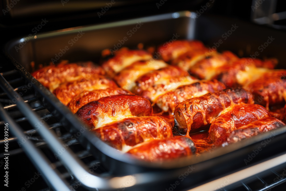 Sausage Manicotti baking in the oven close up