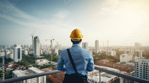 Construction Engineer Overseeing City and Construction Site from building top
