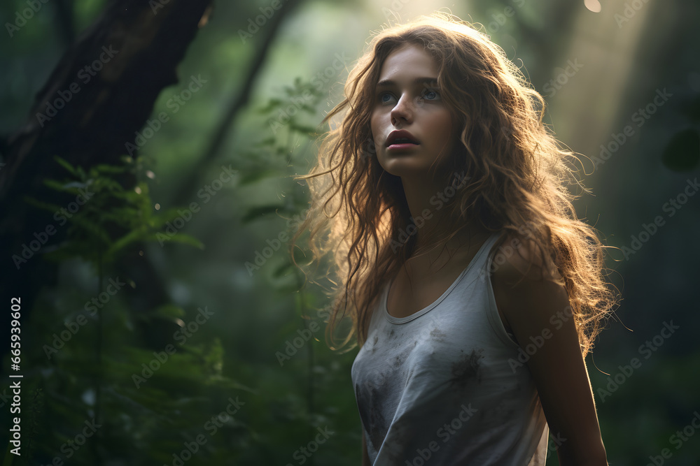 Long haired Caucasian woman lost in summer forest at day. Neural network generated image. Not based on any actual person or scene. Long haired Caucasian woman lost in summer forest at day. Neural network generated image. Not based on any actual person or scene.