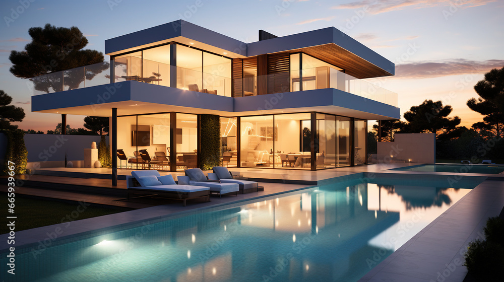 Modern cubic villa with swimming pool , Exterior design photo