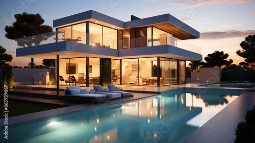 Modern cubic villa with swimming pool , Exterior design photo photo