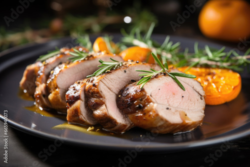Pork tenderloin with apricots and rosemary on the plate close up photo