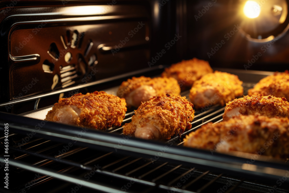 Pecan crusted chicken nuggets roasting in the oven close up Pecan crusted chicken nuggets roasting in the oven close up