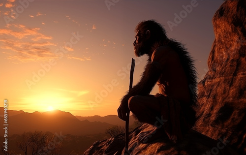 Homo erectus, thinking man on a rock at sunset, extinct human species, generated by AI