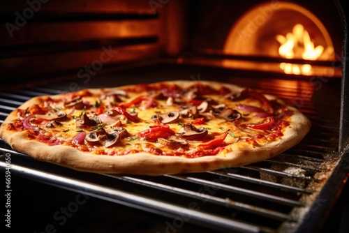 Delicious pizza baking in oven close up