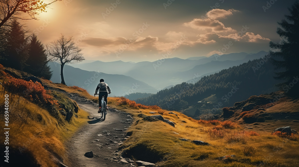 Summer Mountain Adventure: Woman Enjoying a Bike Ride in Forested Landscapes