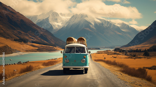 Rediscovering Adventure: Vintage Camper Van Parked on a Scenic Mountain Road photo