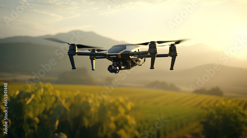 Agricultural drone in action flying above a field, Precision farming by monitoring crop health. 