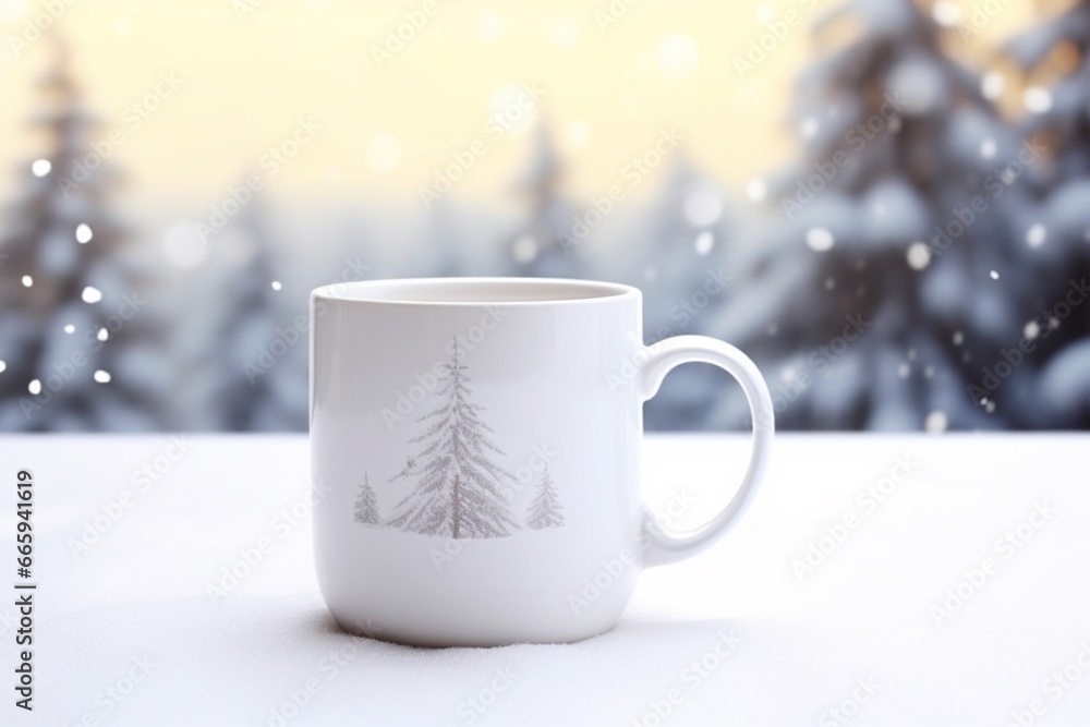 White cup of coffee on snow Christmas Tree Mug Bokeh Background White cup of coffee on snow Christmas Tree Mug Bokeh Background