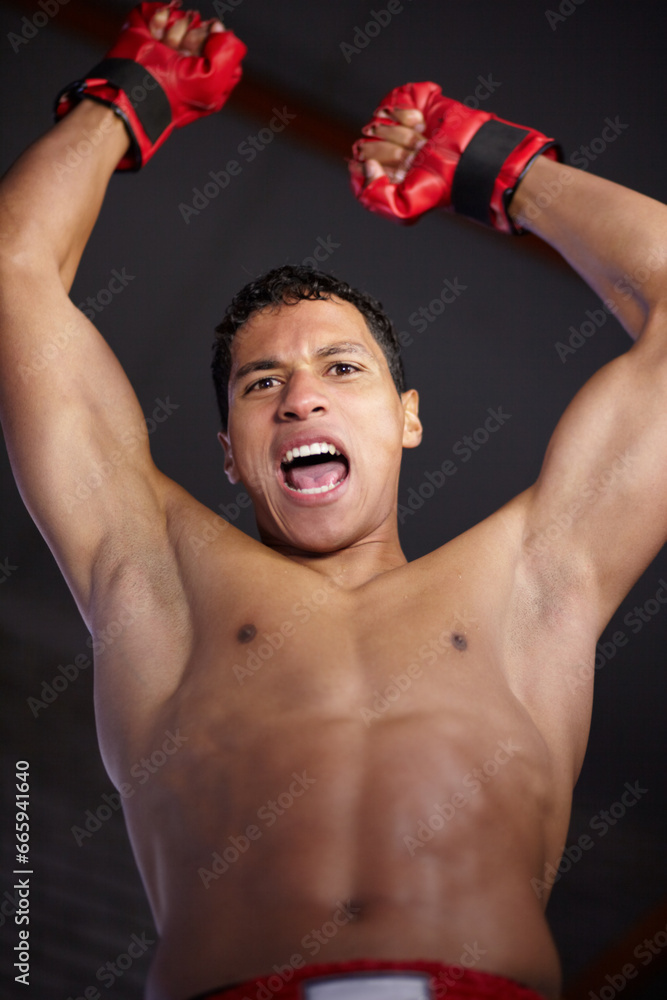 Celebration portrait, sports and MMA man scream, energy and cheers andfor gym achievement, success or kickboxing champion. Boxing winner, below view and boxer motivation, commitment and fight victory