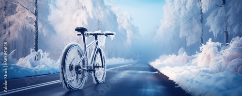 Frozen bicycle on the road covered with ice in cold winter. Freezing weather. photo