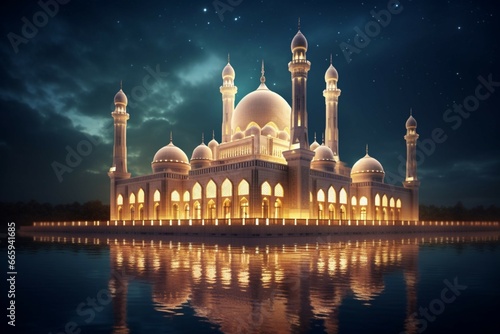 The beautiful serene mosque at night in the blessed month of ramadan the illuminated