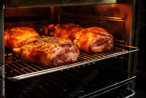 Pork meat with spices roasting in the oven close up
