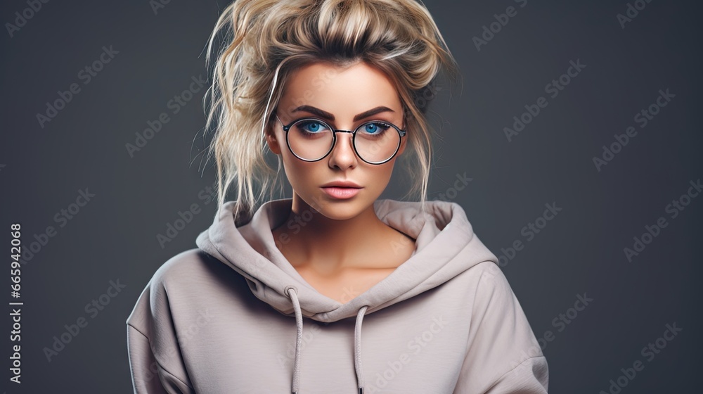 a woman wearing glasses and a hoodie posing for a picture. generative ai a woman wearing glasses and a hoodie posing for a picture. generative ai