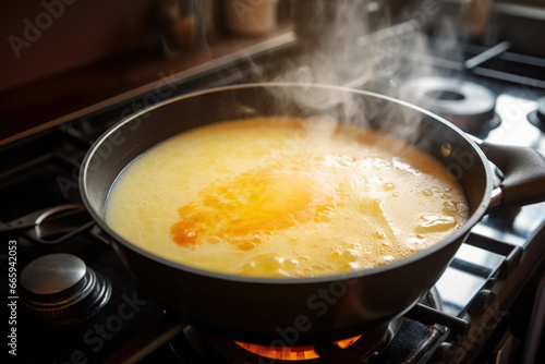 Corn polenta cooking in the pot on the stove