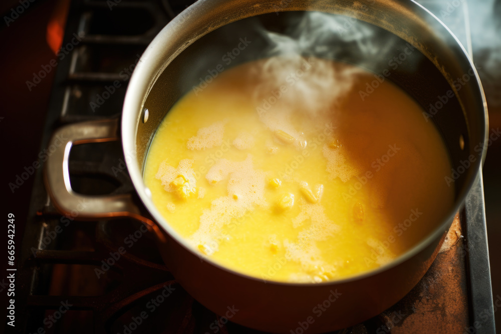 Corn polenta cooking in the pot on the stove Corn polenta cooking in the pot on the stove