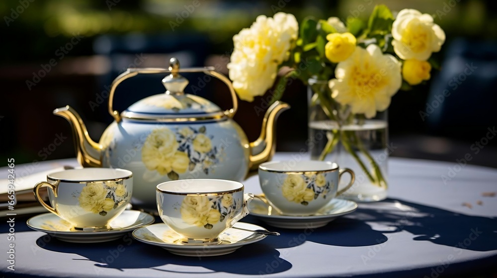 Fototapeta premium A charming teapot and cups for afternoon tea