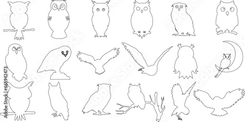 Hand drawn whimsical owl vector illustration. Showcasing various owl poses and styles, perfect for design projects, greeting cards, and more