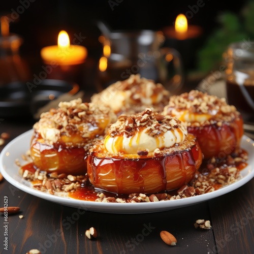Baked apples filled with nuts on a plate on the rustic wooden table.