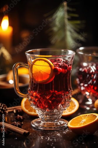 Christmas mulled wine in a glass with lots of spices and sliced oranges and lemons.