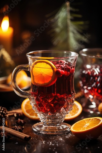 Christmas time, hot mulled wine in a glass, served rustically with lots of spices and lots of little lights on the table.