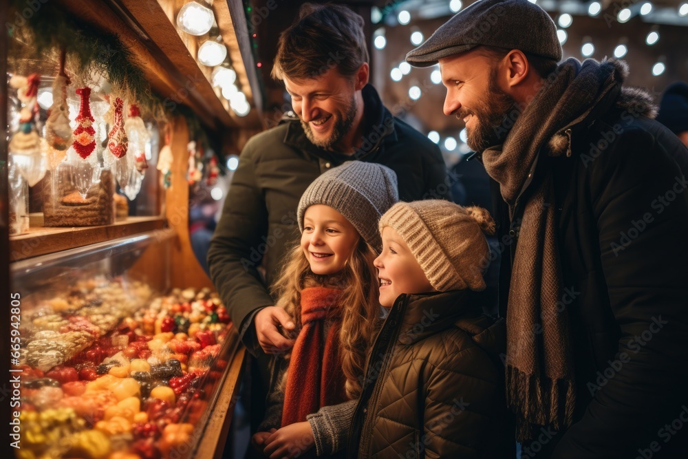 A rainbow family and their two daughters buy sweets at the traditional German Christmas market in the evening.