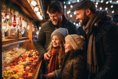 A rainbow family and their two daughters buy sweets at the traditional German Christmas market in the evening. photo