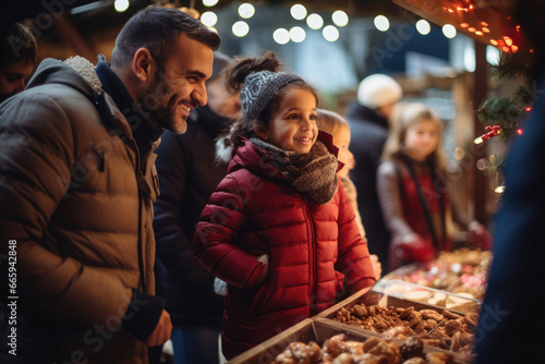 Father and daughter at the candy stand at the traditional German Christmas market.