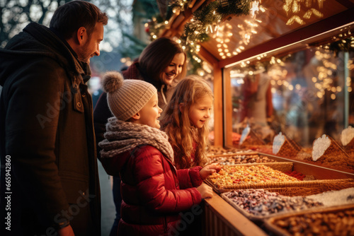 A family with children buys sweets at the traditional German Christmas market in the evening. photo