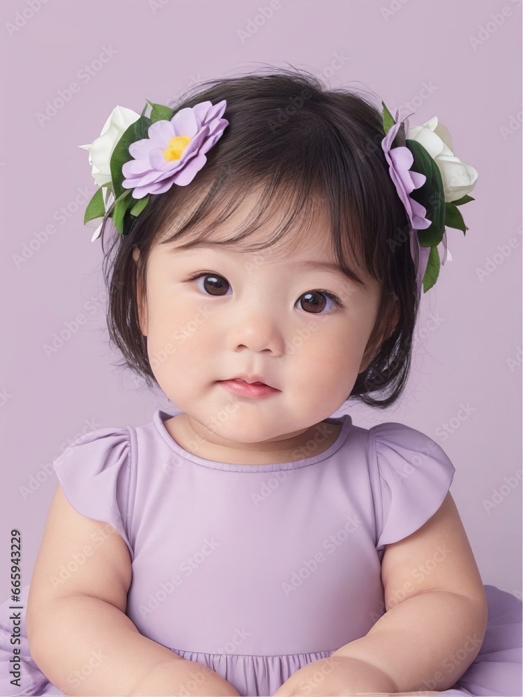 Cute Asian Little Baby Kid Smiling Child Children Portrait Solid Color Purple Lilac Background Photo Photography