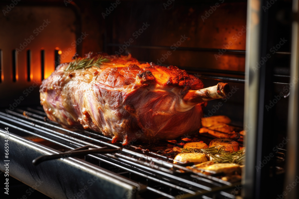 Lamb meat roasting in the oven close up Lamb meat roasting in the oven close up